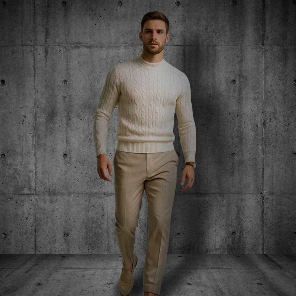 Men’s Cable Knit Crewneck Sweater | Ribbed Trim